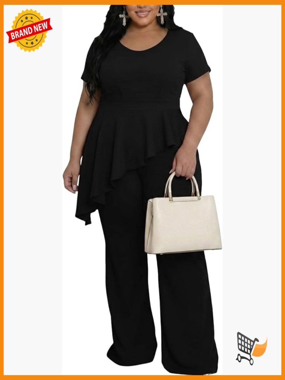 Plus Size 2 Piece Outfits Short Sleeve Peplum Top Straight Pants Business Suit